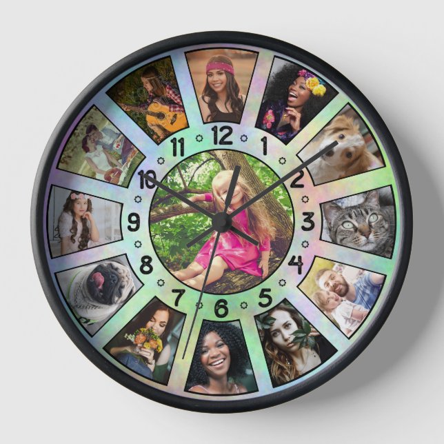 Horloge Collage Photo Famille 13 Retro Green Cravate-Dye C (Recto)