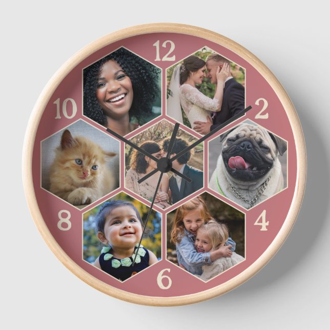 Horloge Collage Photo Famille 7 Fleur Hexagon Rose Personn (Recto)