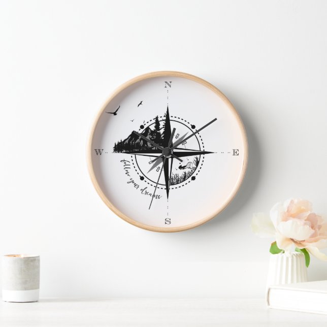 Horloge Compas noir et blanc avec paysage naturel (Maison)