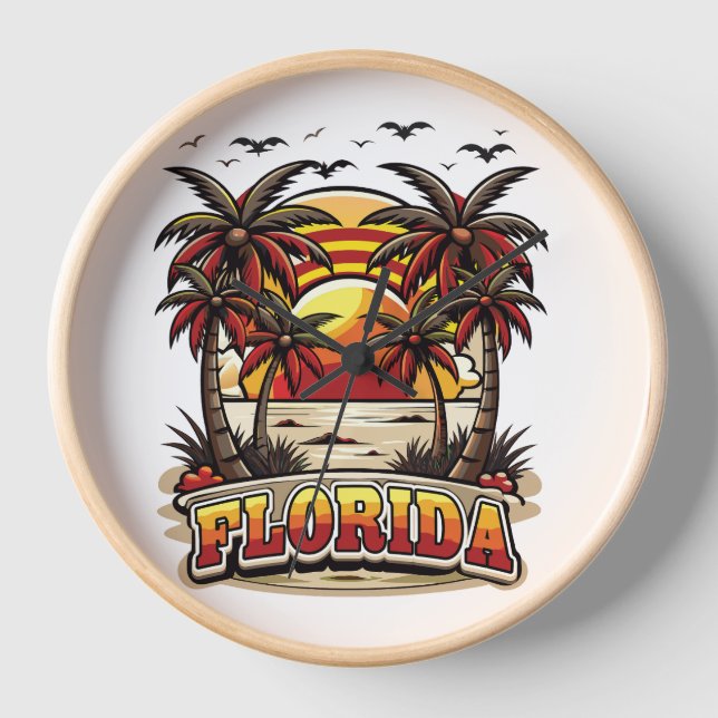 Horloge Coucher de soleil rétro de Floride avec palmiers (Recto)