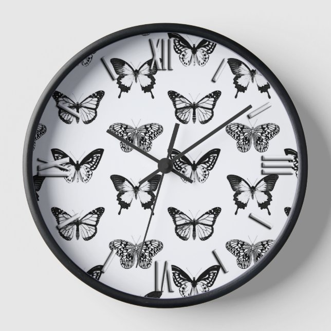 Horloge Croquis de papillon, noir et blanc (Recto)