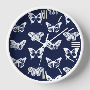 Horloge Croquis papillon, bleu marine et blanc