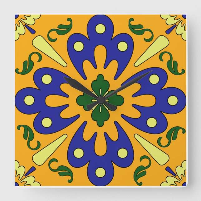 Horloge Cuisine En Carrelage Bleu Orange Et Jaune  (Recto)