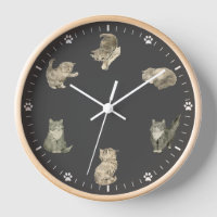 Horloge Cute Cat - Gris Vintage Cat Illustrations