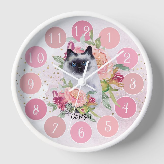Horloge Cute Siamese Chat Fleur Rose Fille (Recto)