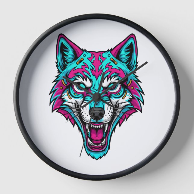 Horloge Cyberpunk Neon Wolf - Synthwave Robotic Animal (Recto)