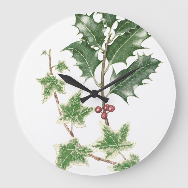 Horloge d'aquarelle botanique Holly & Ivy (Recto)