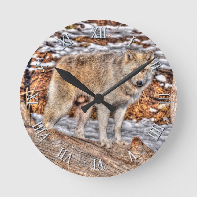 Horloge d'art faunique blanche Loup, neige et rond (Recto)