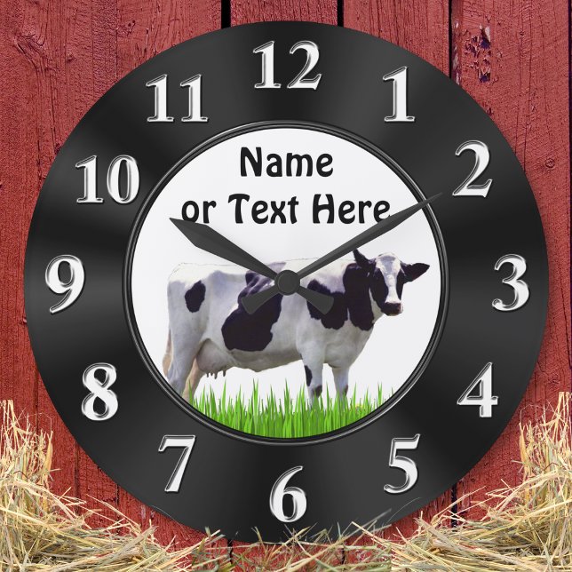Horloge de la VACHE Noire et Blanche personnalisée (Personalized, Cow Wall Clock. Farmhouse kitchen clock. Black and white cow. Farmhouse Decor.)