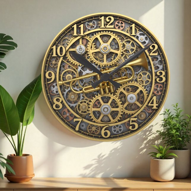 Horloge de trompette de jazz, Steampunk, Or, Musiq (Jazz Trumpet Wall Clock, Steampunk / Industrial)