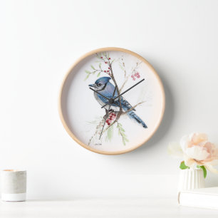 Horloge Décoration murale aquarelle d'oiseau geai bleu