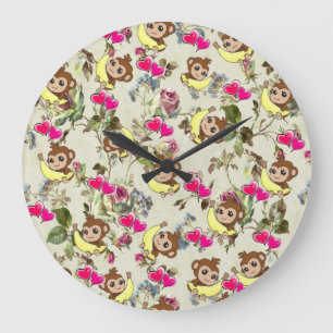 Horloge des enfants, Bananes singes Coeurs roses