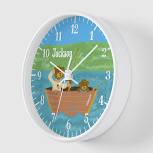 Horloge Deux Ours Pêche Pépinière Salle Mur Acrylique Horl