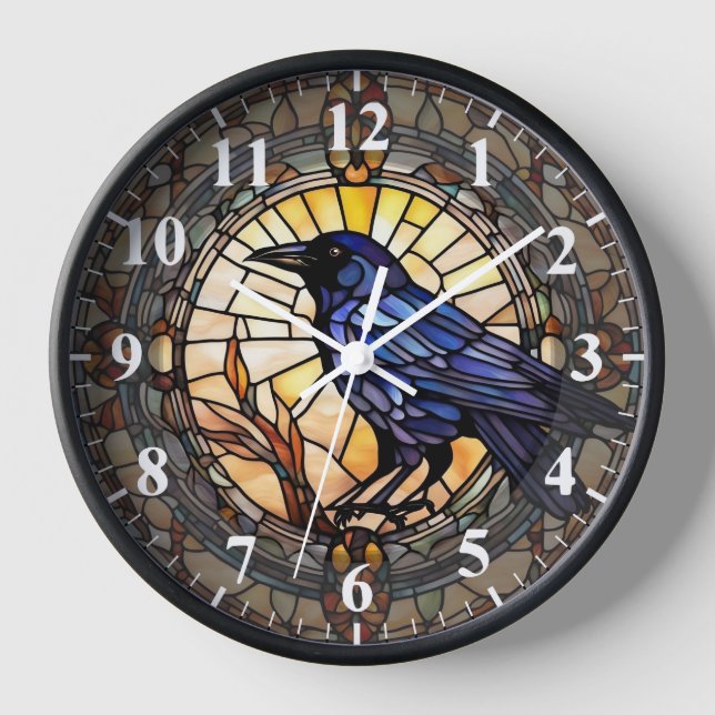 Horloge d'oiseau en verre de Corbeau noir (Recto)