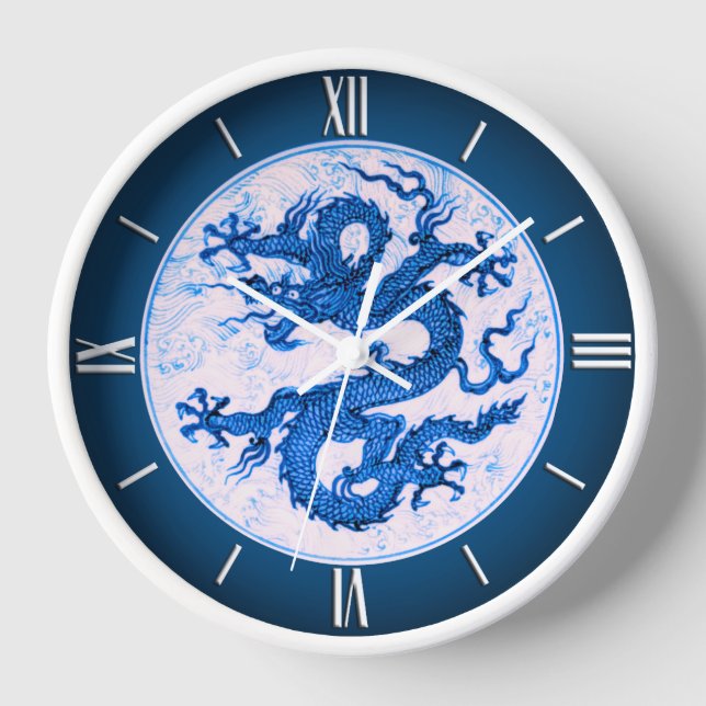 Horloge Dragon chinois, bleu d'Indigo et blanc (Recto)