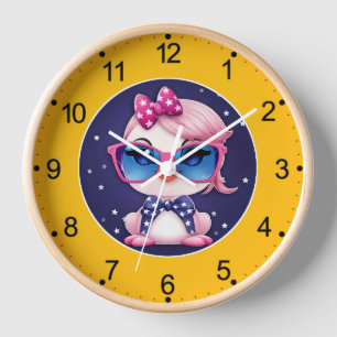 Horloge Drapeau américain avec dessin animé de flamant ros