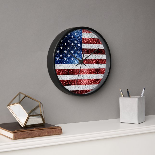 Horloge drapeau américain rouge blanc brillant parties sci (Bureau)