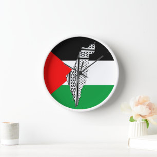 Horloge Drapeau de Palestine et carte avec Keffiyeh Motif