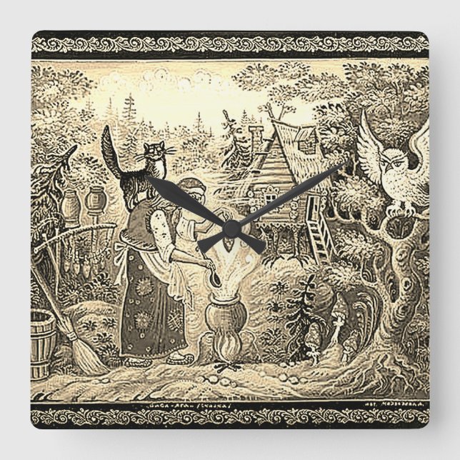 HORLOGE DU MUR CARRÉ DE BABA JAGA FOLKLORE RUSSE (Recto)