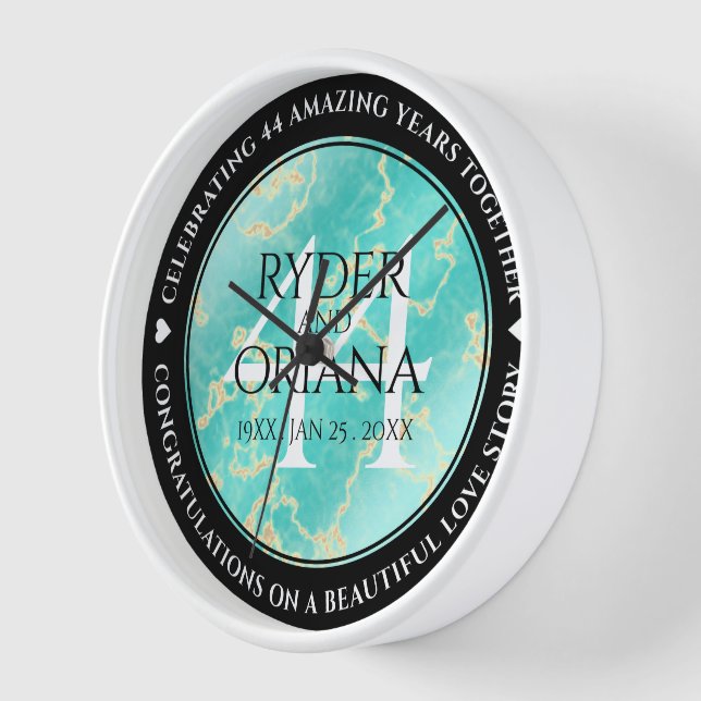 Horloge Élégant 44ème anniversaire de Mariage turquoise (Angle)