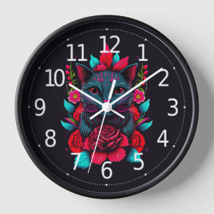 Horloge Élégant chat noir entouré de roses rouges  
