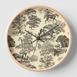 Horloge Élégant Cheval Rustique Arbres Beige Tan Toile