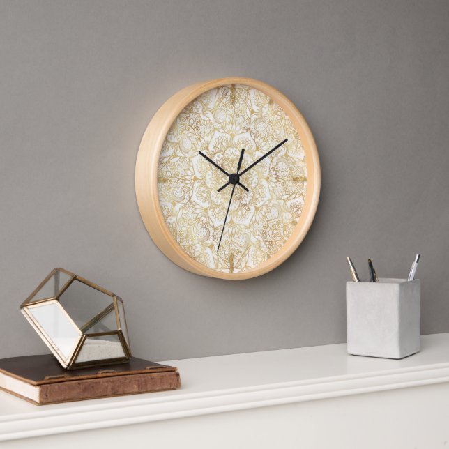 Horloge Élégant Mandala Floral Or Blanc (Bureau)