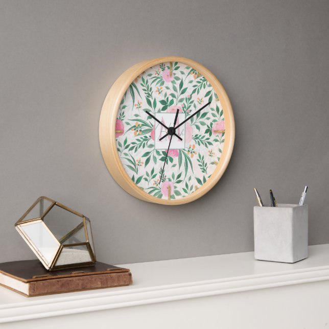 Horloge Elégante Fleurs Roses Blanches Aquarelle Florale (Bureau)