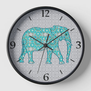 Horloge Eléphant à fleurs Mandala Turquoise et gris encadr