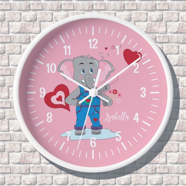 Horloge Eléphant et Coeurs de dessin fille cadran rose (Créateur téléchargé)