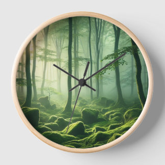 Horloge Enchanted Misty Forest Serene Green Woodland Scene