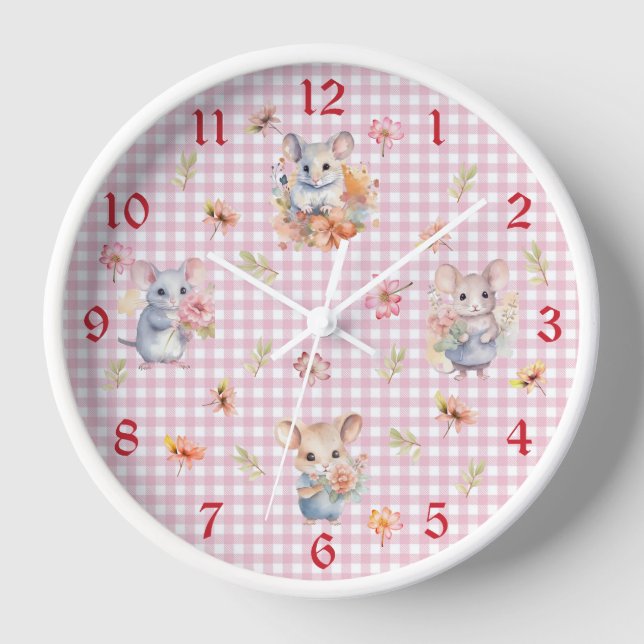 Horloge Enchanter souris sur rose En vichy vérifier horlog (Recto)