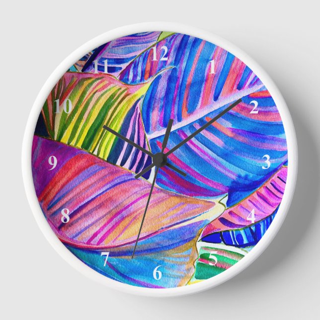 Horloge Feuilles de canna tropicale aquarelle (Recto)