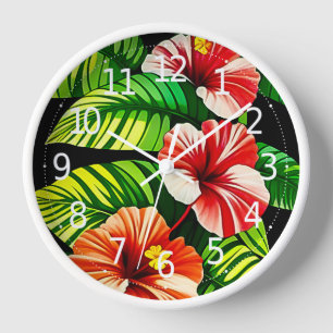 Horloge Feuilles tropicaux colorés et fleurs d'Hibiscus