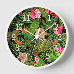 Horloge Feuilles tropicaux colorés et fleurs d'Hibiscus  