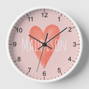 Horloge Filles mignonnes Aquarelle Whimsical Rose Coeur En