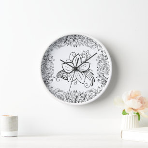 Horloge Fleur Belle Monochrome, Œuvre d'Art Graphique