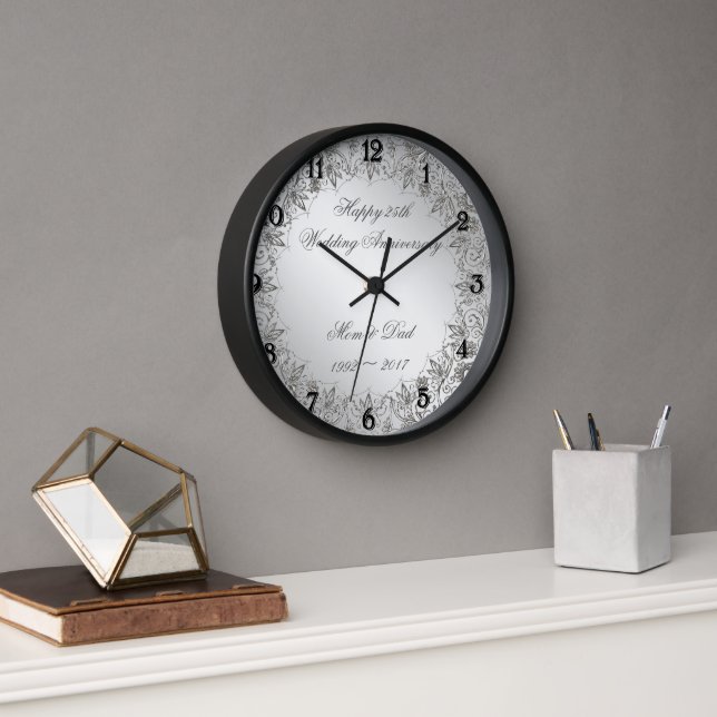 Horloge fleurie en argent 25e anniversaire Mariage (Bureau)