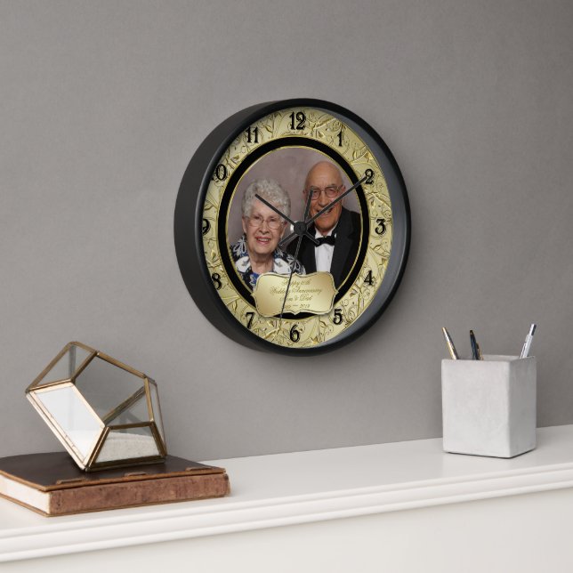 Horloge Fleurir Or Noir 50e Anniversaire de Mariage Photo (Bureau)