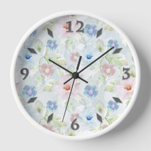 Horloge Fleurs d'aquarelle rose et bleu.