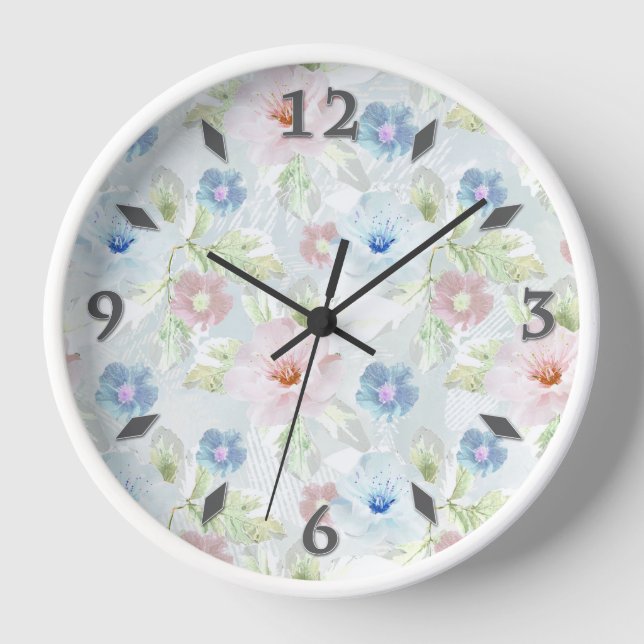 Horloge Fleurs d'aquarelle rose et bleu. (Recto)