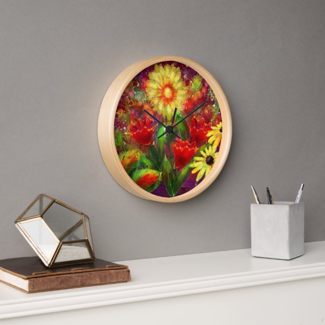 Horloge Fleurs florales Fleur Art Abstrait Rouge Jaune (Bureau)