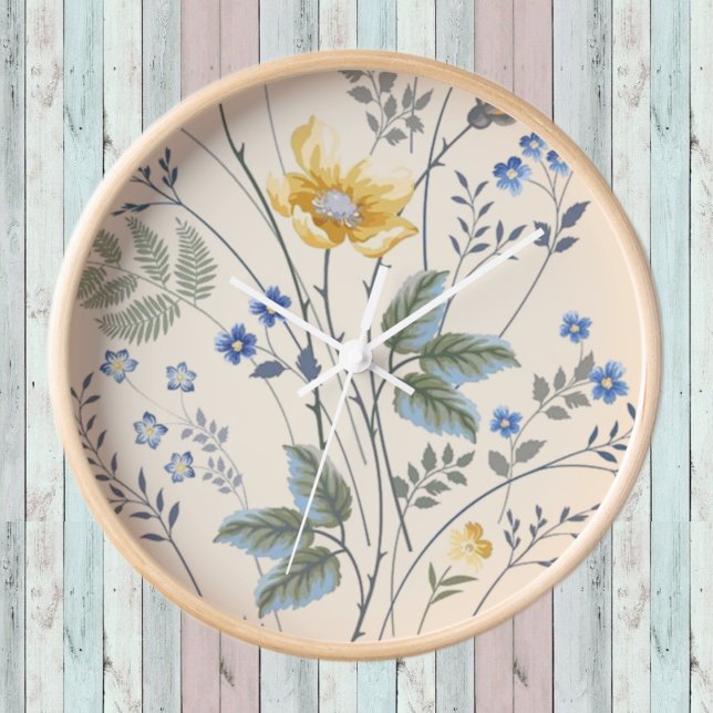 Horloge Fleurs sauvages bleu et jaune (Créateur téléchargé)