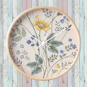Horloge Fleurs sauvages bleues et jaunes 