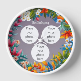 Horloge Flower wreath trois photo et nom personnalisable