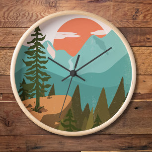 Horloge Forêt Abstraite moderne, montagnes et lever du sol