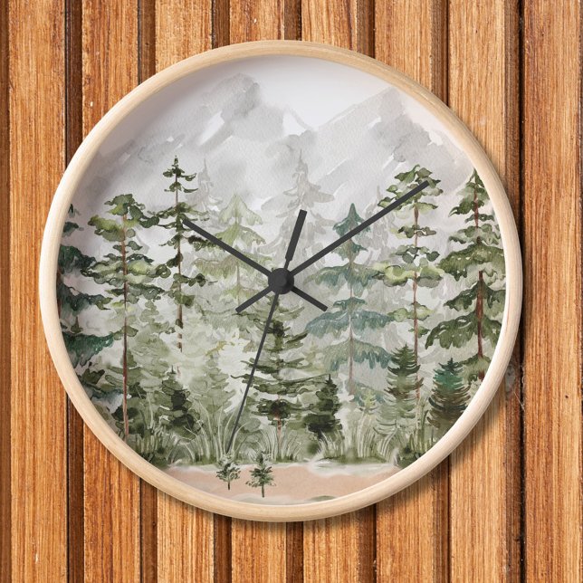 Horloge Forêt de pins verts aquarelle sur montagne (In situ wall)