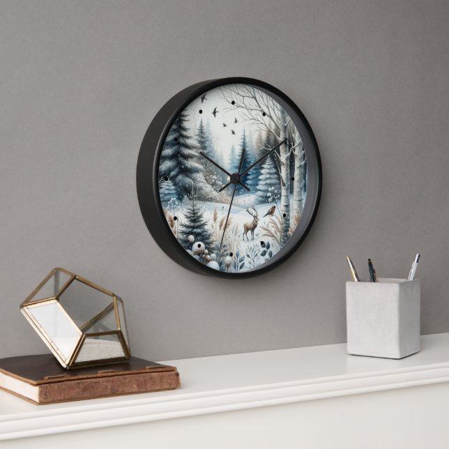 Horloge Forêt d'hiver Cerfs-neiges Bleu (Bureau)