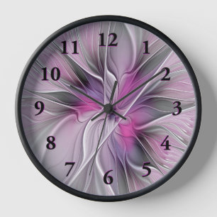 Horloge Fractal Floral Moderne Abstrait Fleur Rose Gris