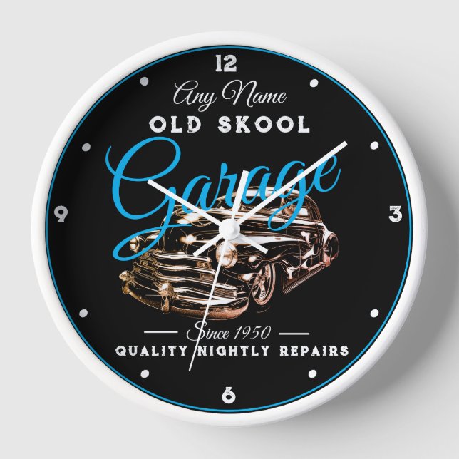 Horloge Garage Old School N'importe quel nom Black Blue Vi (Recto)